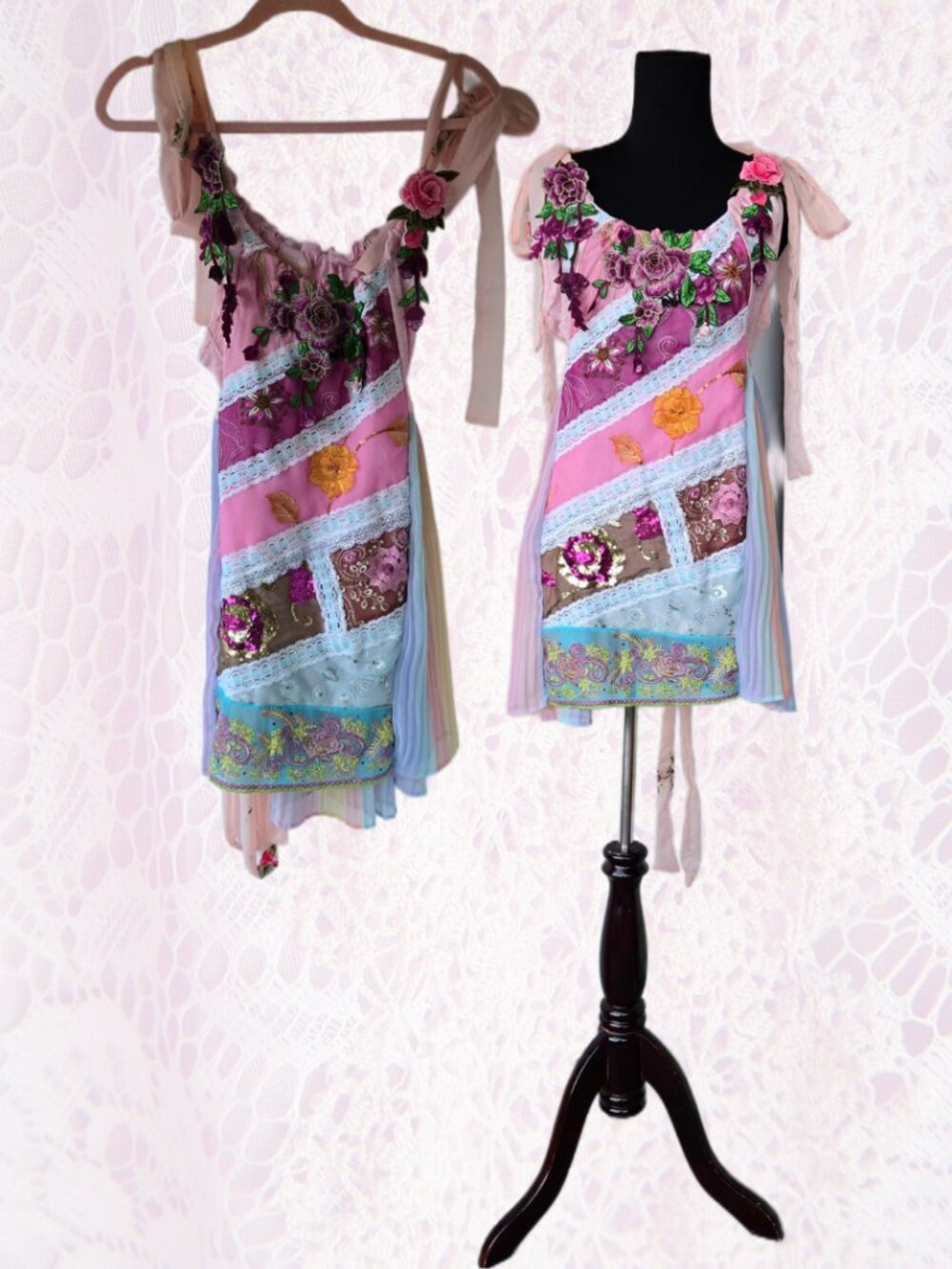 Handmade Whimsical Patchwork Rainbow Sheer Dress Sequins Embroidery Fairycore